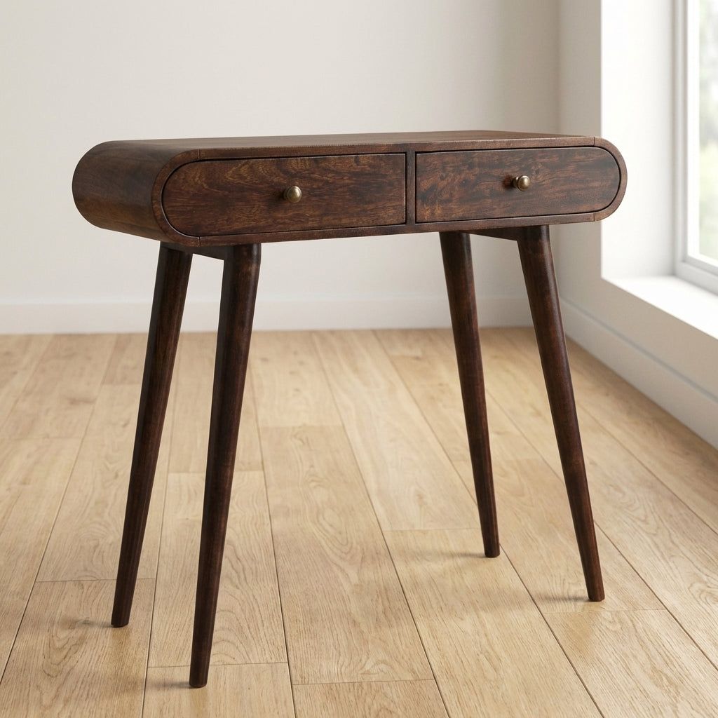 California Walnut Curved Edge Console Table - Solid Mango Wood Hallway Console for Entryway - main view showing...