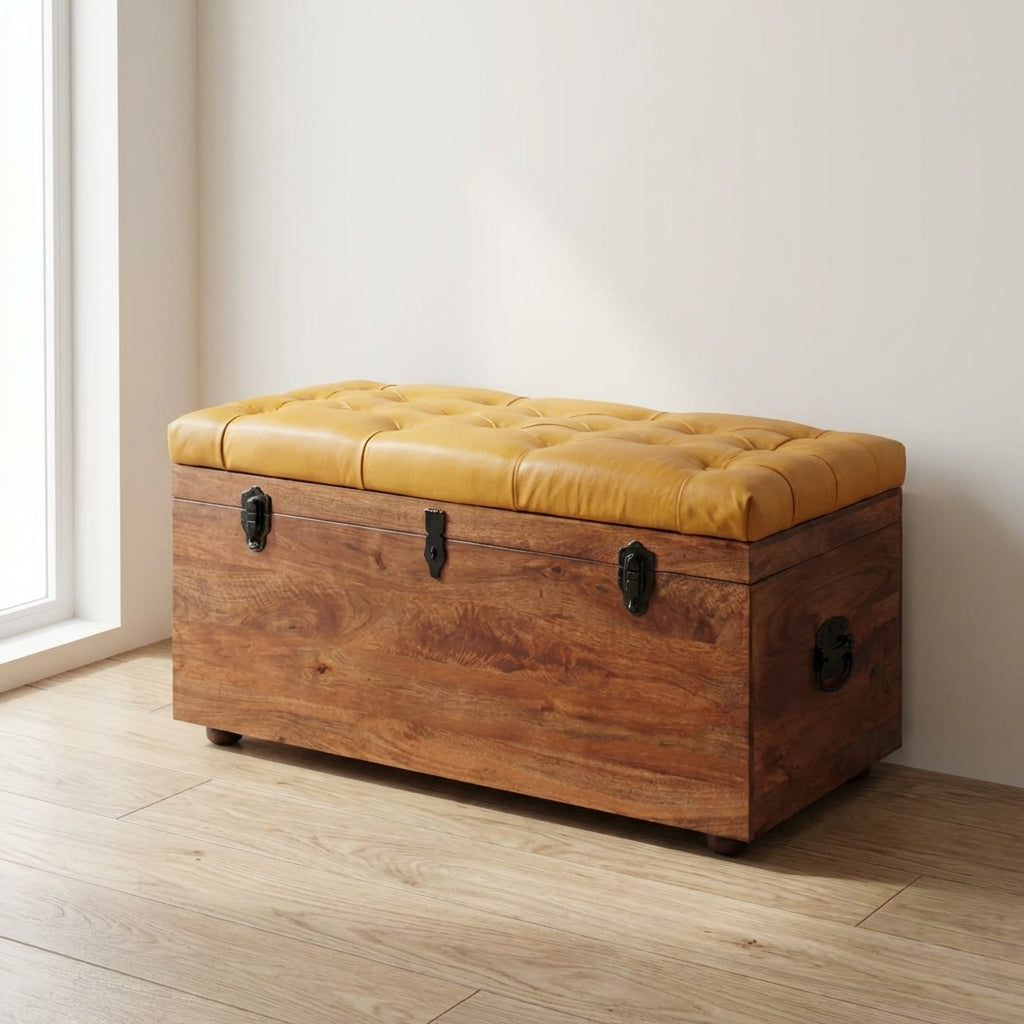 Buffalo Hide Honey Caramel Storage Trunk - Solid Mango Wood Blanket Chest for Bedroom