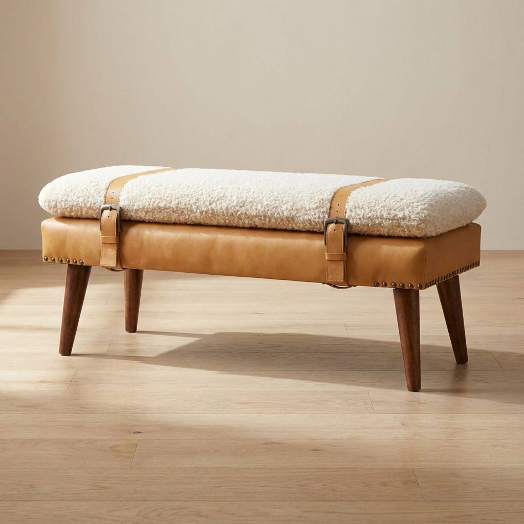 Boucle x Tan Leather Bench - Solid Mango Wood Seating Furniture for Entryway