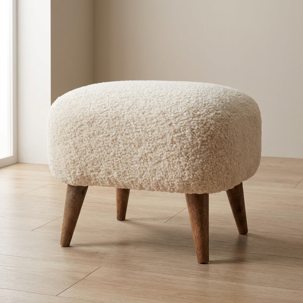 Handcrafted Boucle Cream Square Footstool - Solid Mango Wood Accent Stool for Living Room - main view showing handcrafted...