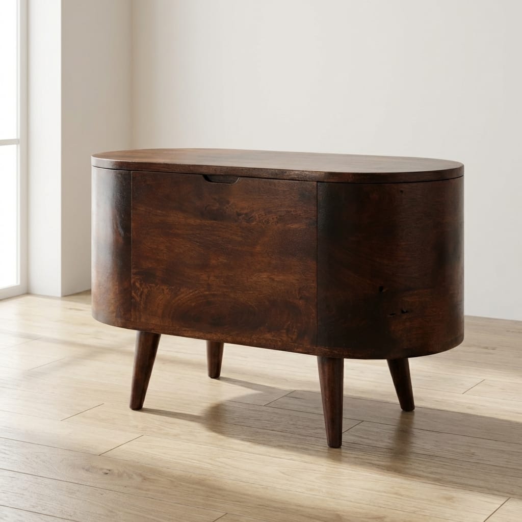 Light Walnut Rounded Lid-up Blanket Box - Solid Mango Wood Storage Trunk for Bedroom - main view showing handcrafted...