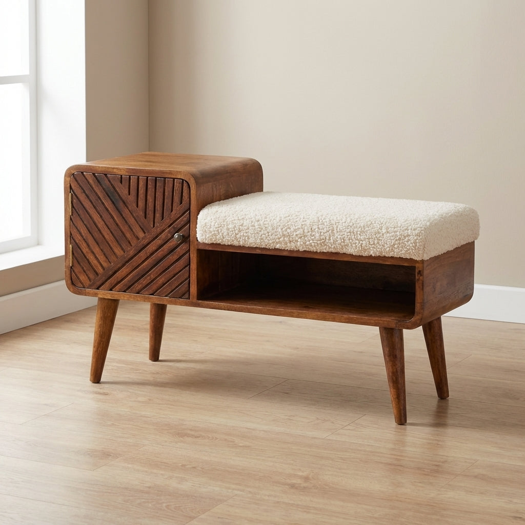 Carved Boucle Chestnut Entryway Bench - Solid Mango Wood Seating Furniture for Entryway - main view showing handcrafted...
