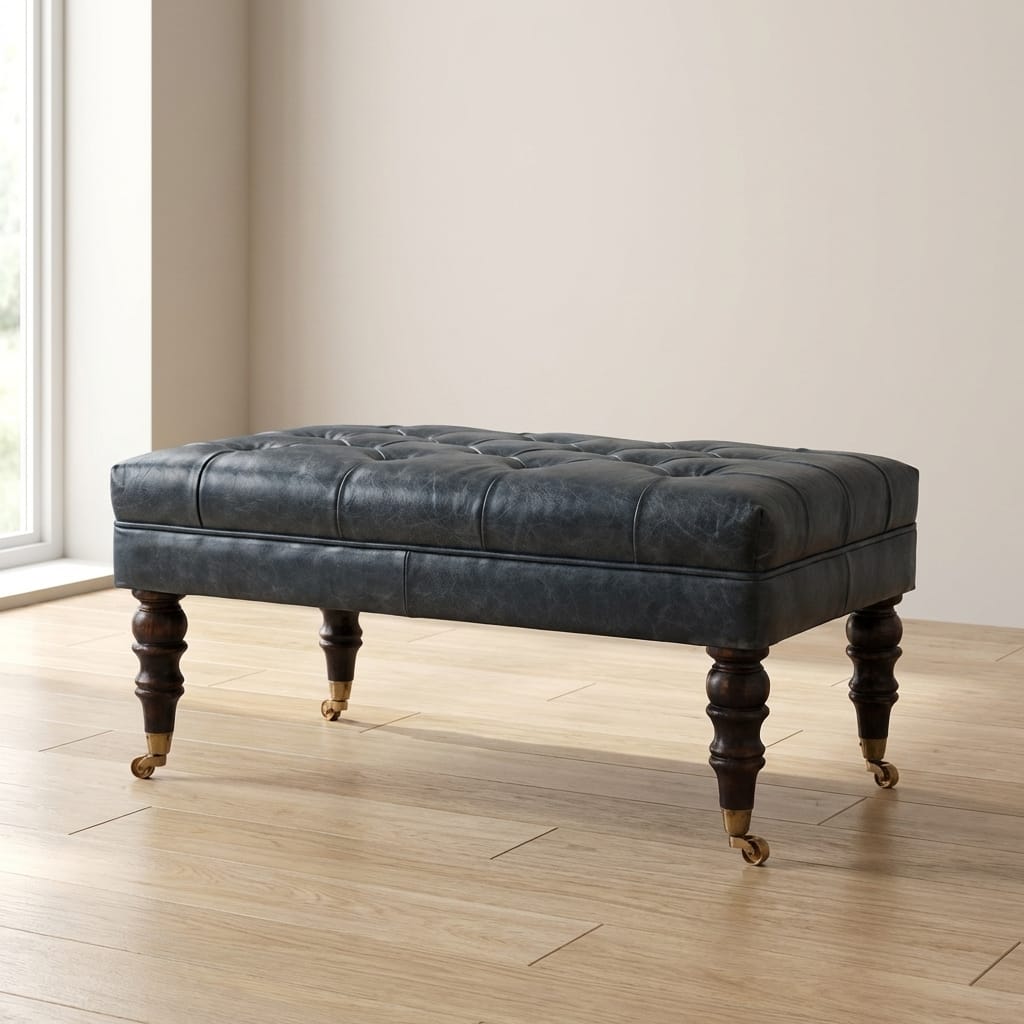 Buffalo Teal Leather Ottoman - Solid Mango Wood Accent Stool for Living Room - main view showing handcrafted solid mango...
