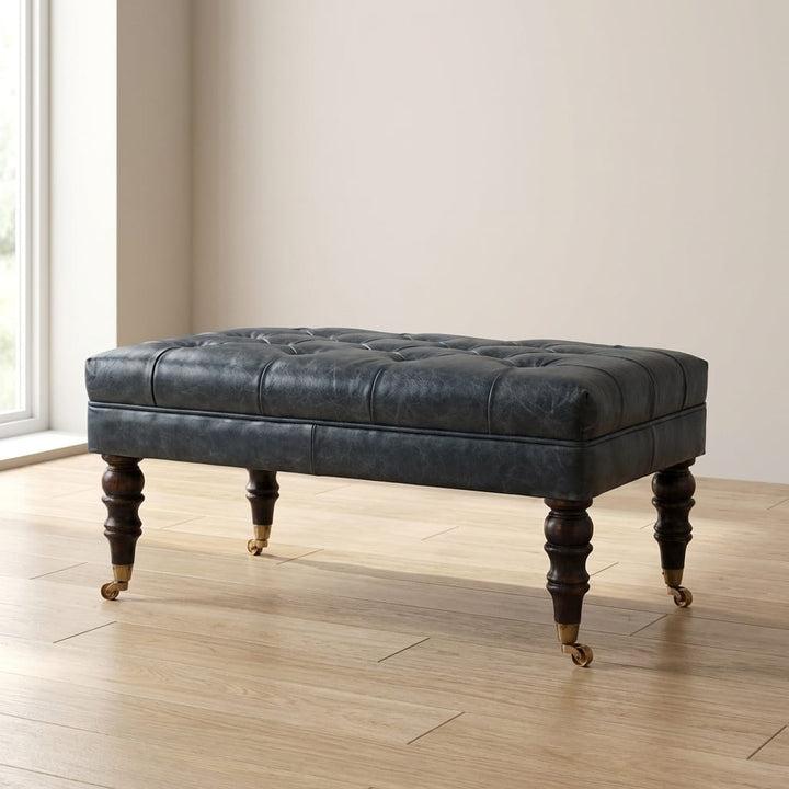 Buffalo Teal Leather Ottoman - Solid Mango Wood Accent Stool for Living Room - main view showing handcrafted solid mango...