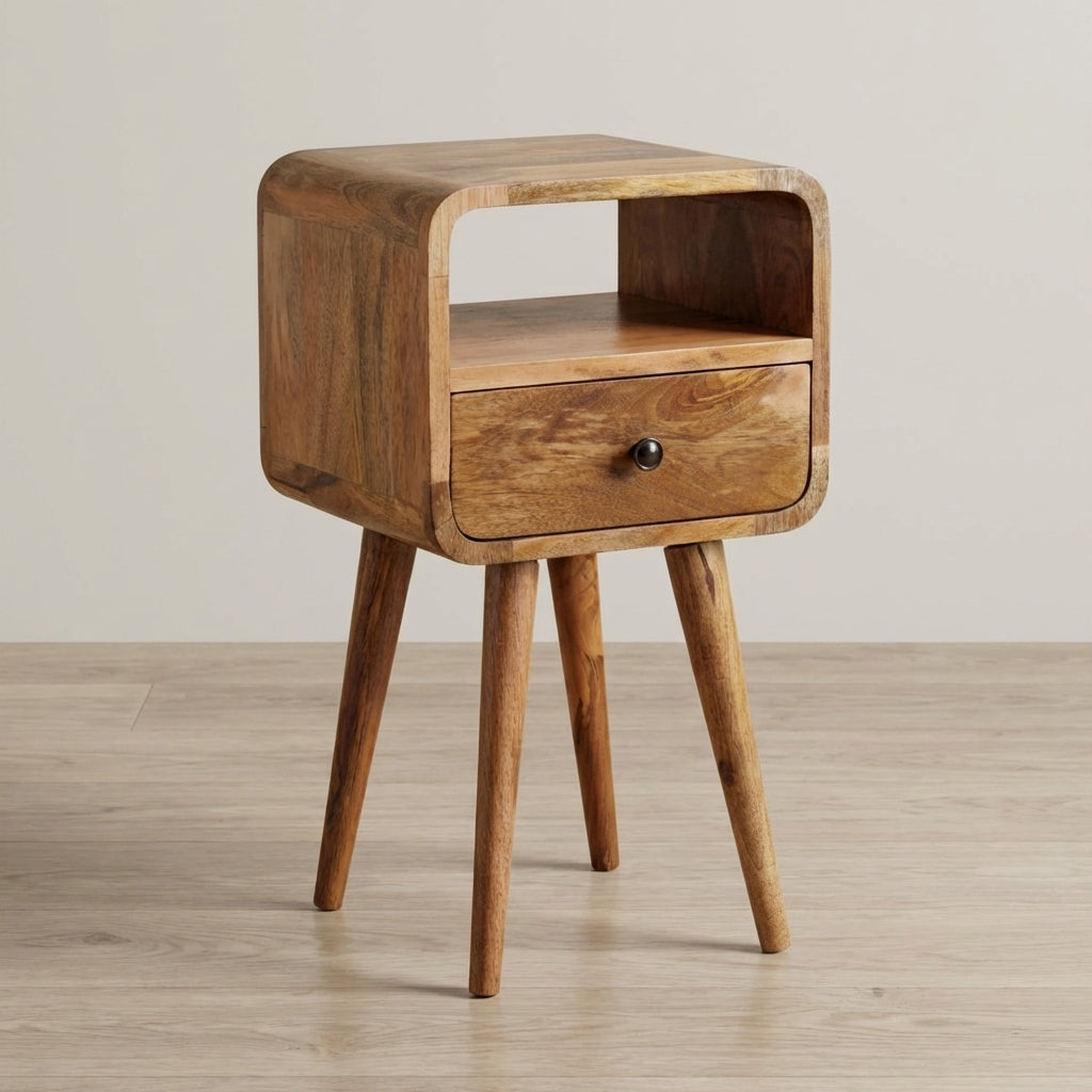 Mini Curved Nightstand - Solid Mango Wood Bedside Table for Bedroom - main view showing handcrafted solid mango wood...