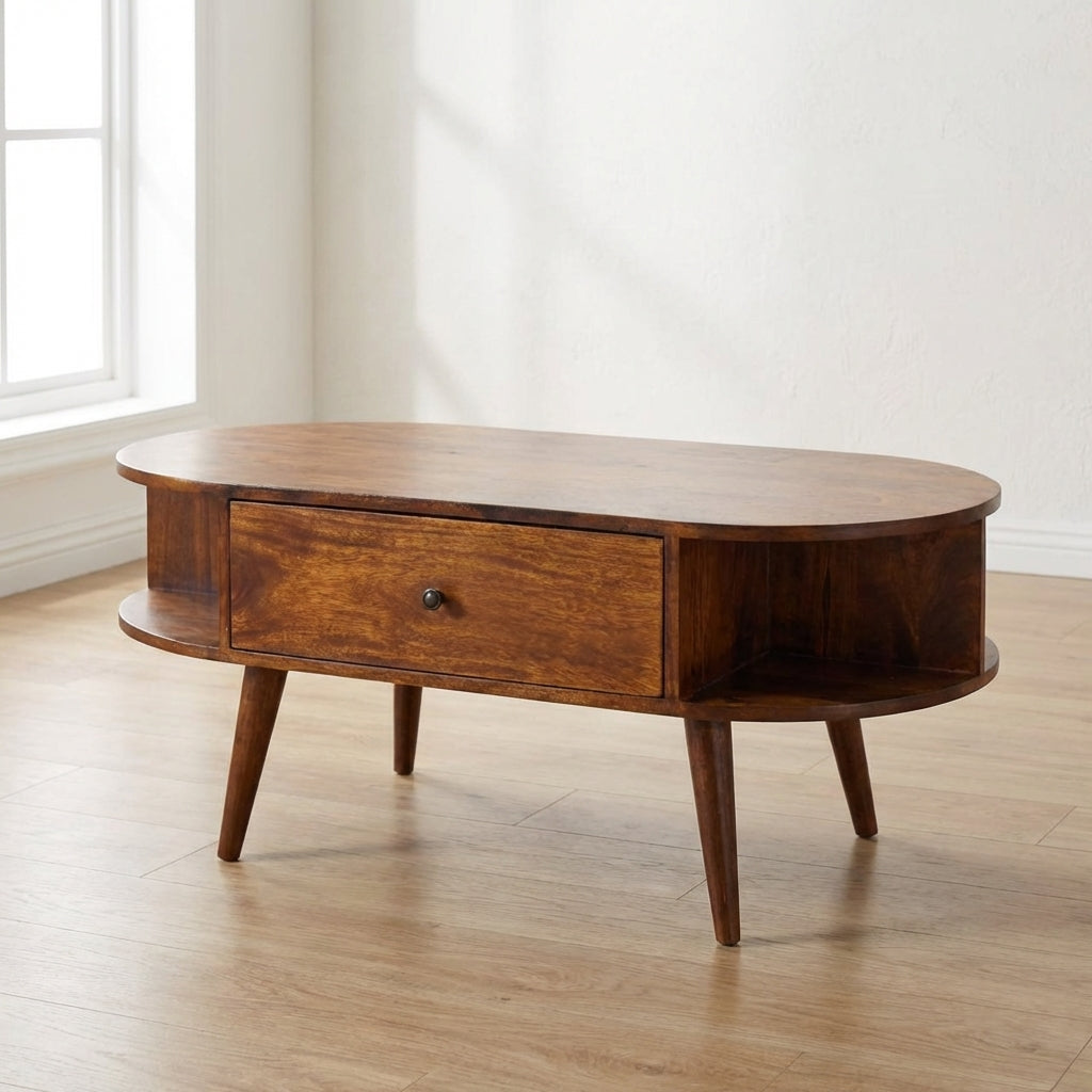 Chestnut Oval Coffee Table - Solid Mango Wood Center Table for Living Room - main view showing handcrafted solid mango...