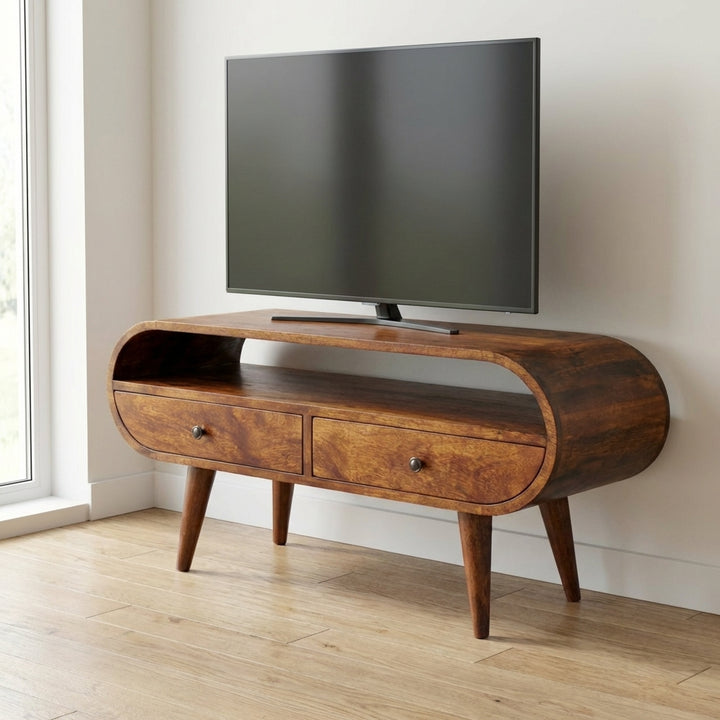 Chestnut Circular TV Stand - Solid Mango Wood Entertainment Center for Living Room - main view showing handcrafted solid...