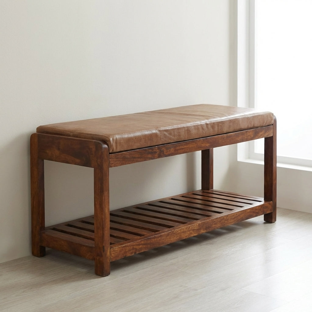 Buffalo Slatted Hallway Bench - Solid Mango Wood Seating Furniture for Entryway showcased in a modern home setting.