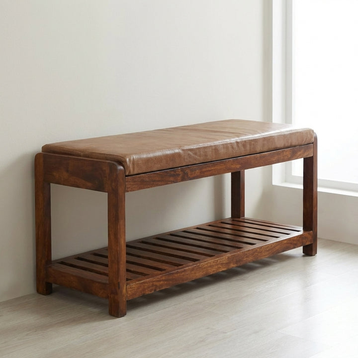 Buffalo Slatted Hallway Bench - Solid Mango Wood Seating Furniture for Entryway showcased in a modern home setting.