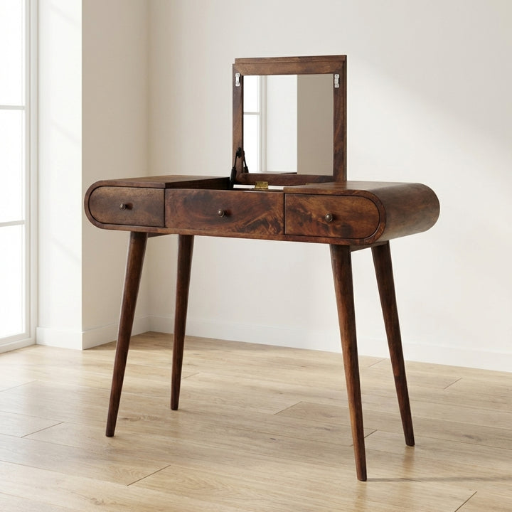 Chestnut Mirror Dressing Table - Solid Mango Wood Vanity Table for Bedroom - main view showing handcrafted solid mango...