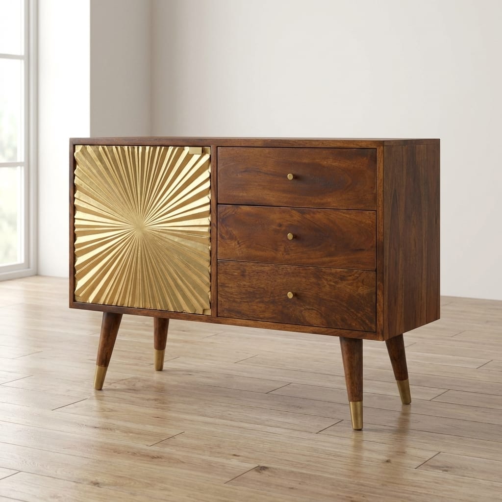 Manila Gold Sideboard - Solid Mango Wood Buffet Cabinet for Dining Room - main view showing handcrafted solid mango wood...