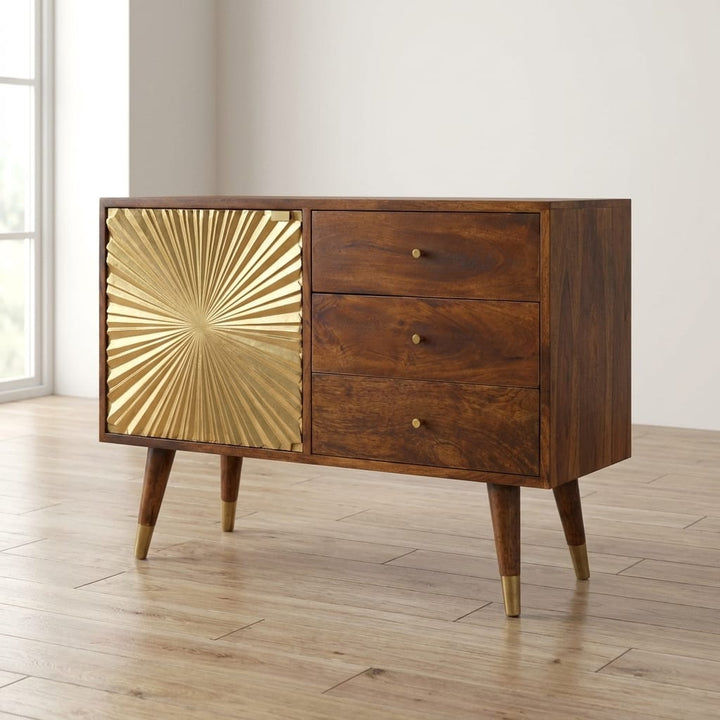Manila Gold Sideboard - Solid Mango Wood Buffet Cabinet for Dining Room - main view showing handcrafted solid mango wood...