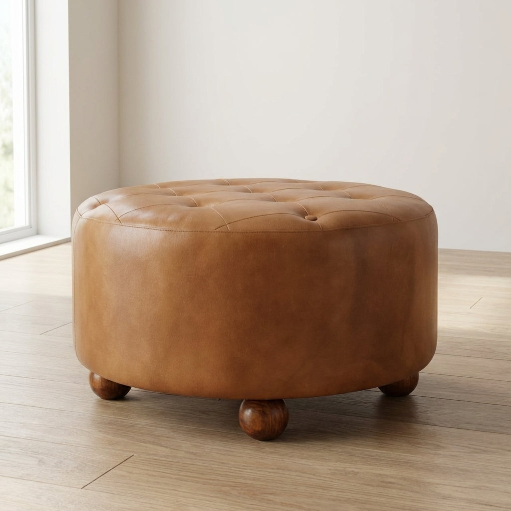 Handcrafted Brown Buffalo hide leather Round Ottoman - Solid Mango Wood Accent Stool for Living Room - main view showing...