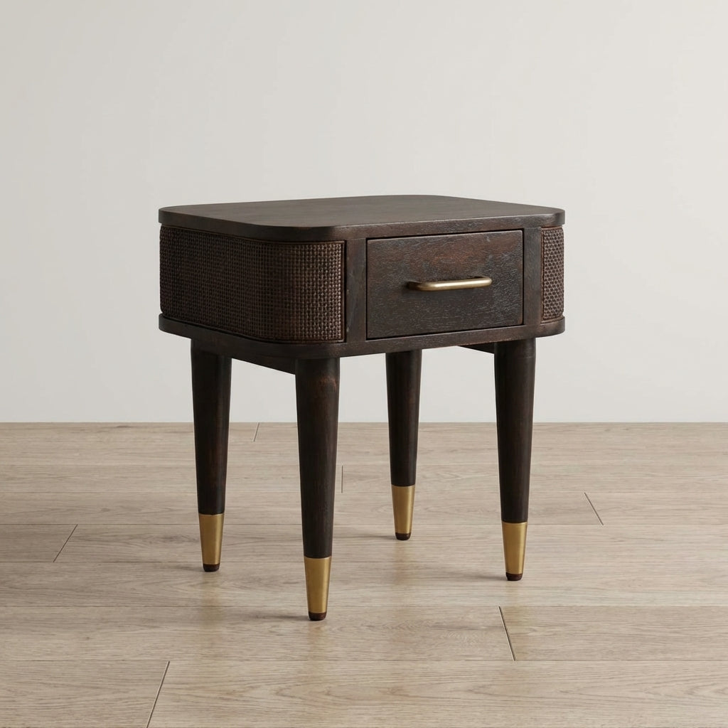 Mid-Century Modern Nightstand - Solid Mango Wood Bedside Table for Bedroom - main view showing handcrafted solid mango...