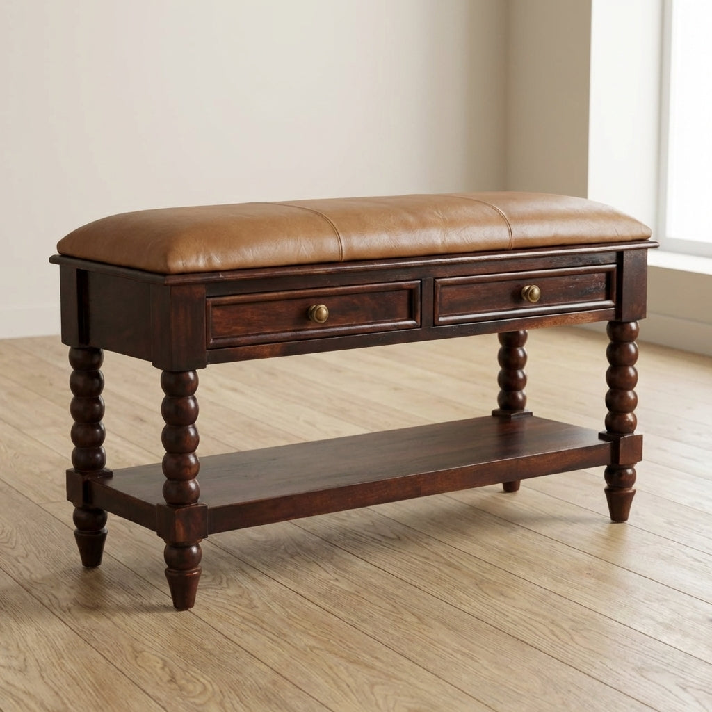 Mid-Century Modern Barclay Storage Bench - Solid Mango Wood Seating Furniture for Entryway - main view showing...