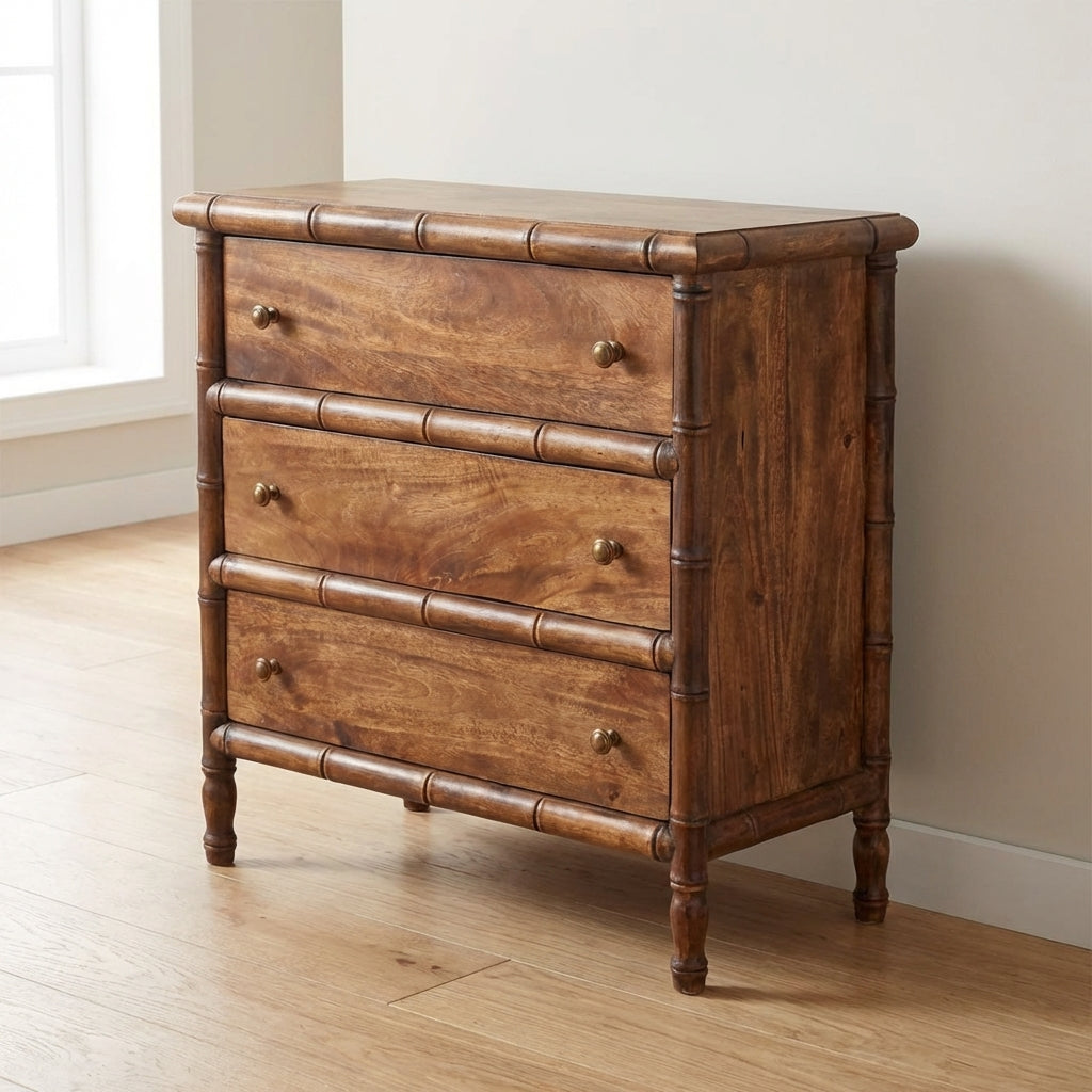 Carved Bamboo 3-Drawer Dresser - Solid Mango Wood Storage Chest for Bedroom - main view showing handcrafted solid mango...