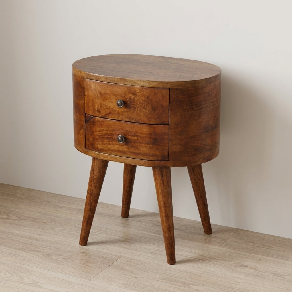 Chestnut Rounded Nightstand - Solid Mango Wood Bedside Table for Bedroom - main view showing handcrafted solid mango wood...