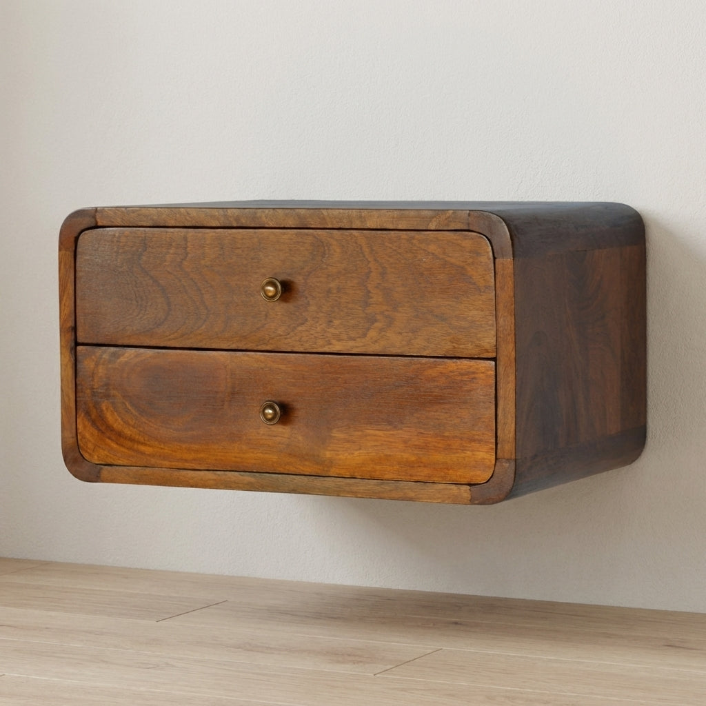 Mid-Century Modern Floating Curved Chestnut Nightstand - Solid Mango Wood Bedside Table for Bedroom - main view showing...