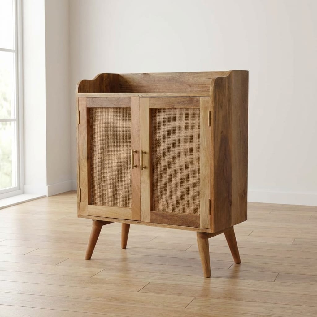 Rustic Lodge Larissa T-Bar Raised Sideboard - Solid Mango Wood Buffet Cabinet for Dining Room - main view showing...