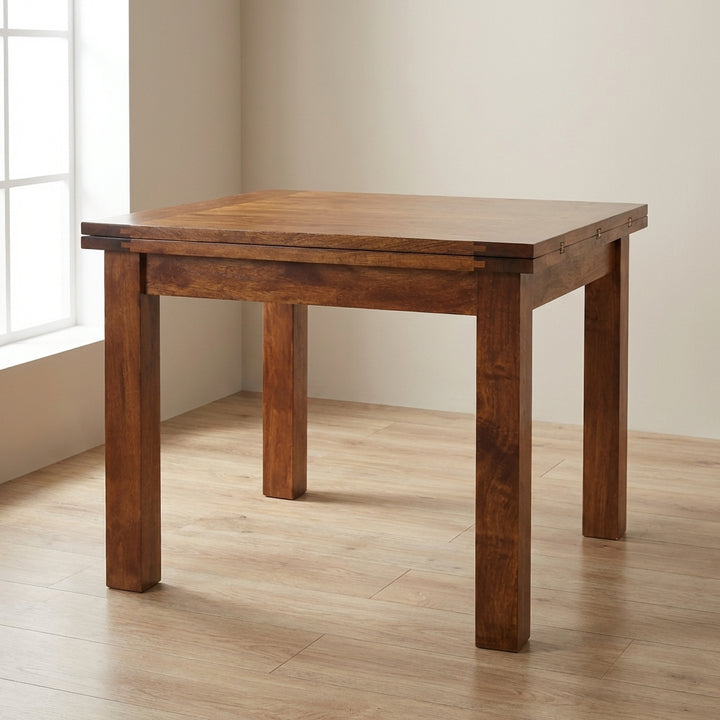 Chestnut Butterfly Dining Table - Solid Mango Wood Kitchen Table in a bright dining area with wooden floors.