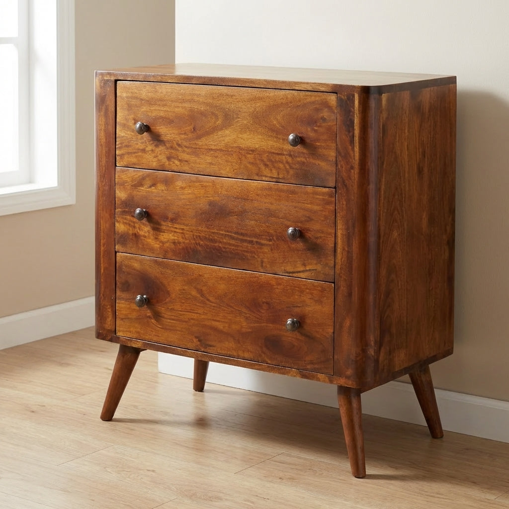 Mid-Century Modern Bera Dresser - Solid Mango Wood Storage Chest for Bedroom - main view showing handcrafted solid mango...