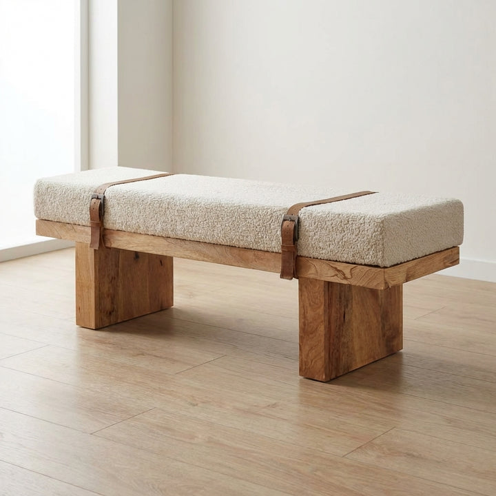 Mid-Century Modern Cream Boucle Bench - Solid Mango Wood Seating Furniture for Entryway - main view showing handcrafted...