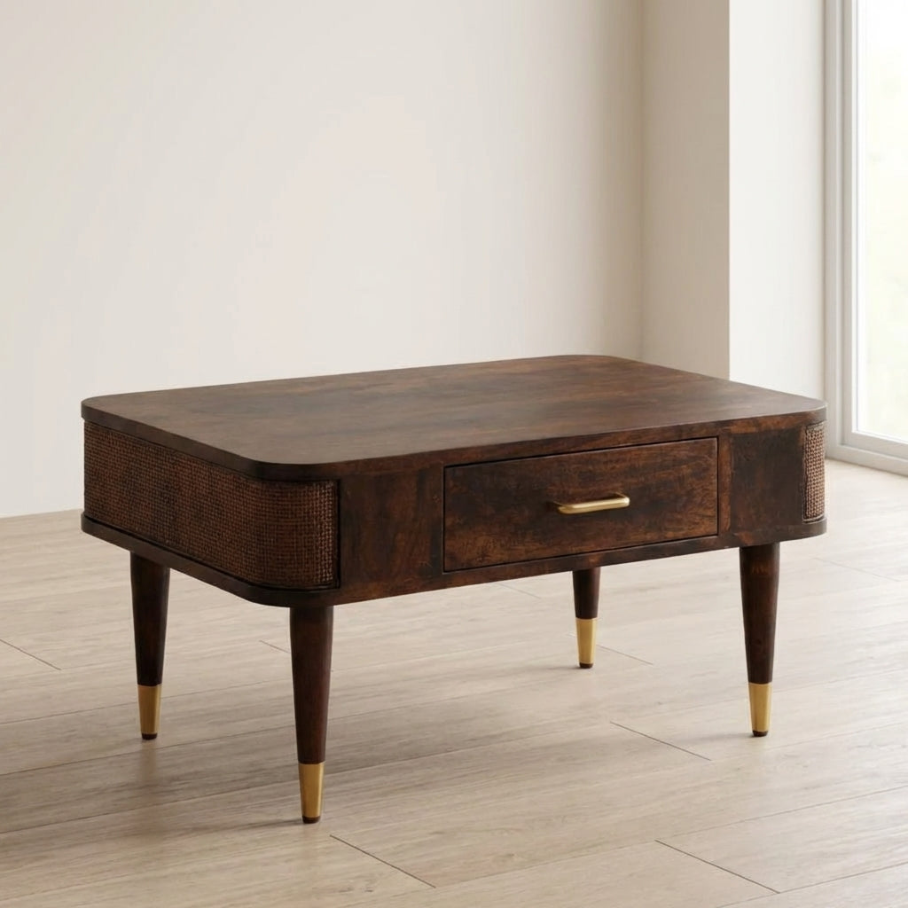 Mid-Century Modern Coffee Table - Solid Mango Wood Center Table for Living Room - main view showing handcrafted solid...