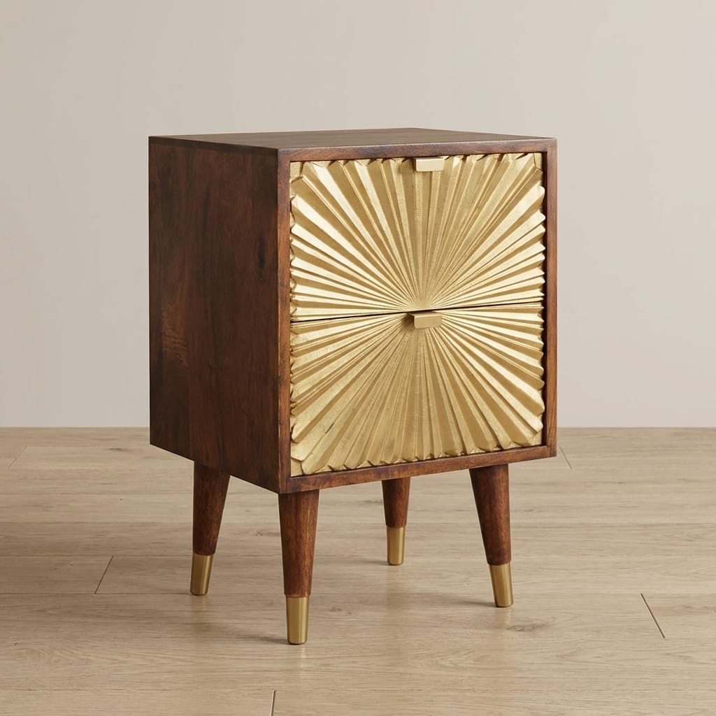 Manila Gold Nightstand - Solid Mango Wood Bedside Table for Bedroom - main view showing handcrafted solid mango wood...
