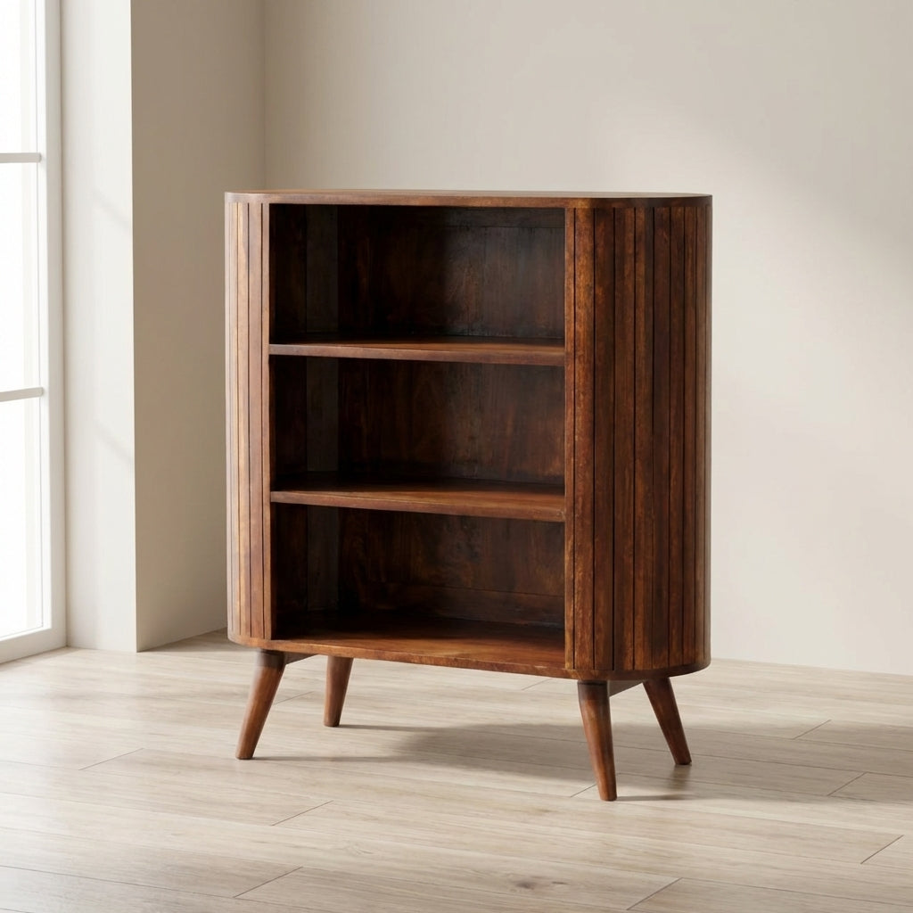 Rustic Lodge Cortez Chestnut Open Sideboard - Solid Mango Wood Buffet Cabinet for Dining Room, showcasing its elegant design and storage.