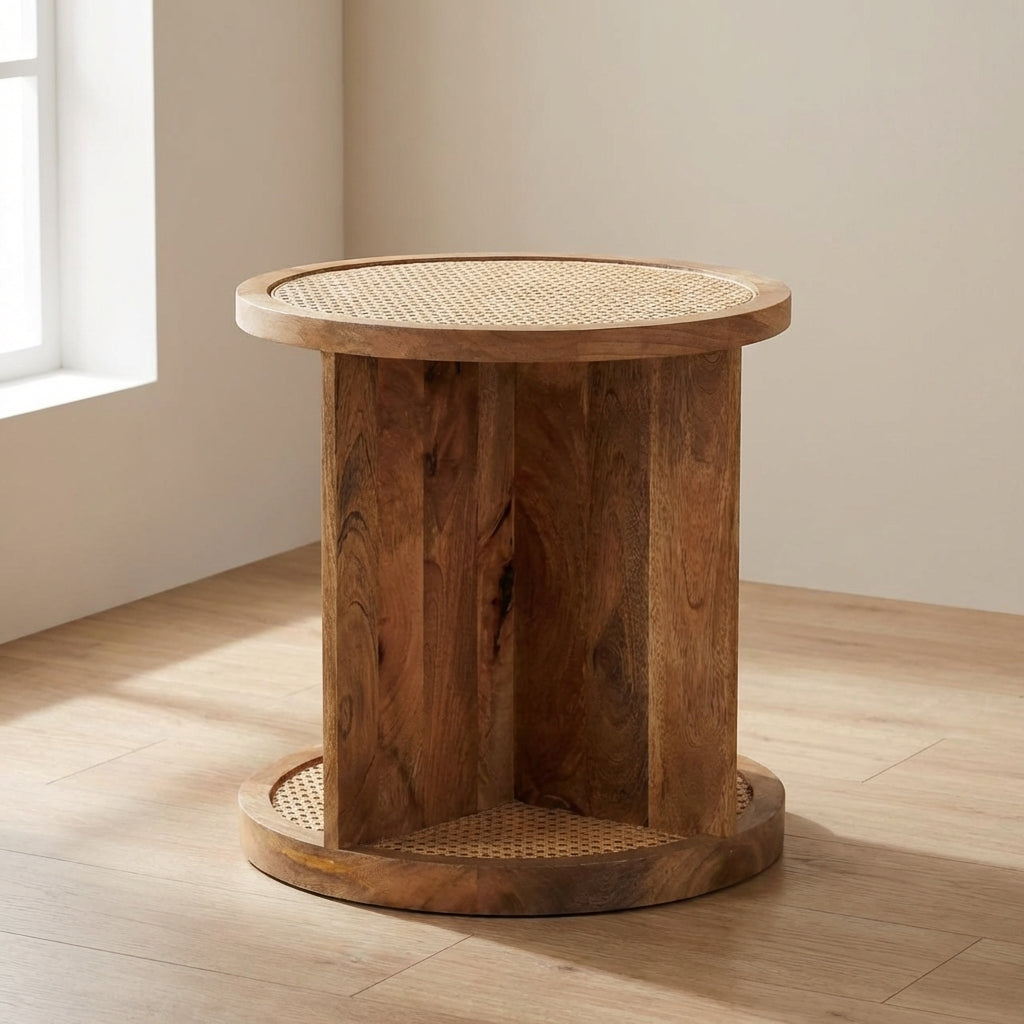 Close-knit Corner End Table - Solid Mango Wood Side Table for Living Room - main view showing handcrafted solid mango...