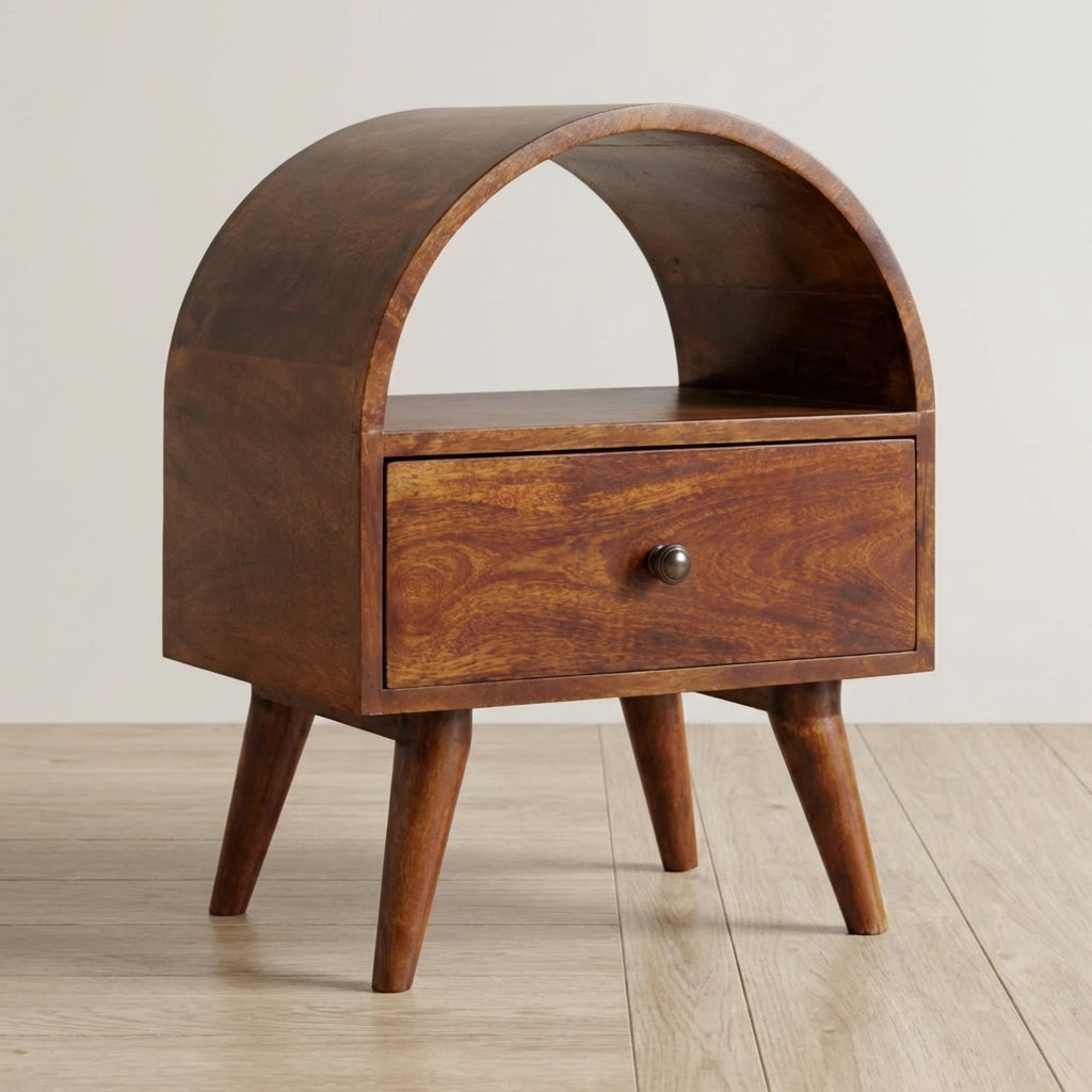 Chestnut Dome Nightstand - Solid Mango Wood Bedside Table for Bedroom - main view showing handcrafted solid mango wood...