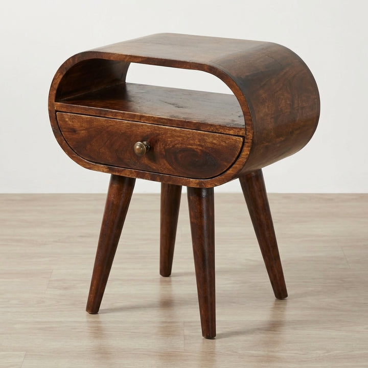 Handcrafted California Walnut Circular Nightstand - Solid Mango Wood Bedside Table for Bedroom - main view showing...