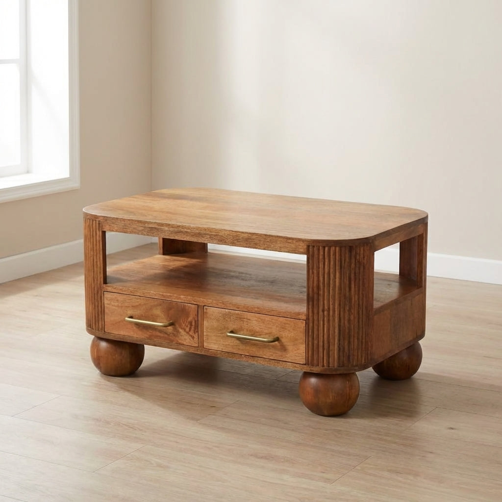 Briarwood Fluted Coffee Table - Solid Mango Wood Center Table for Living Room - main view showing handcrafted solid mango...