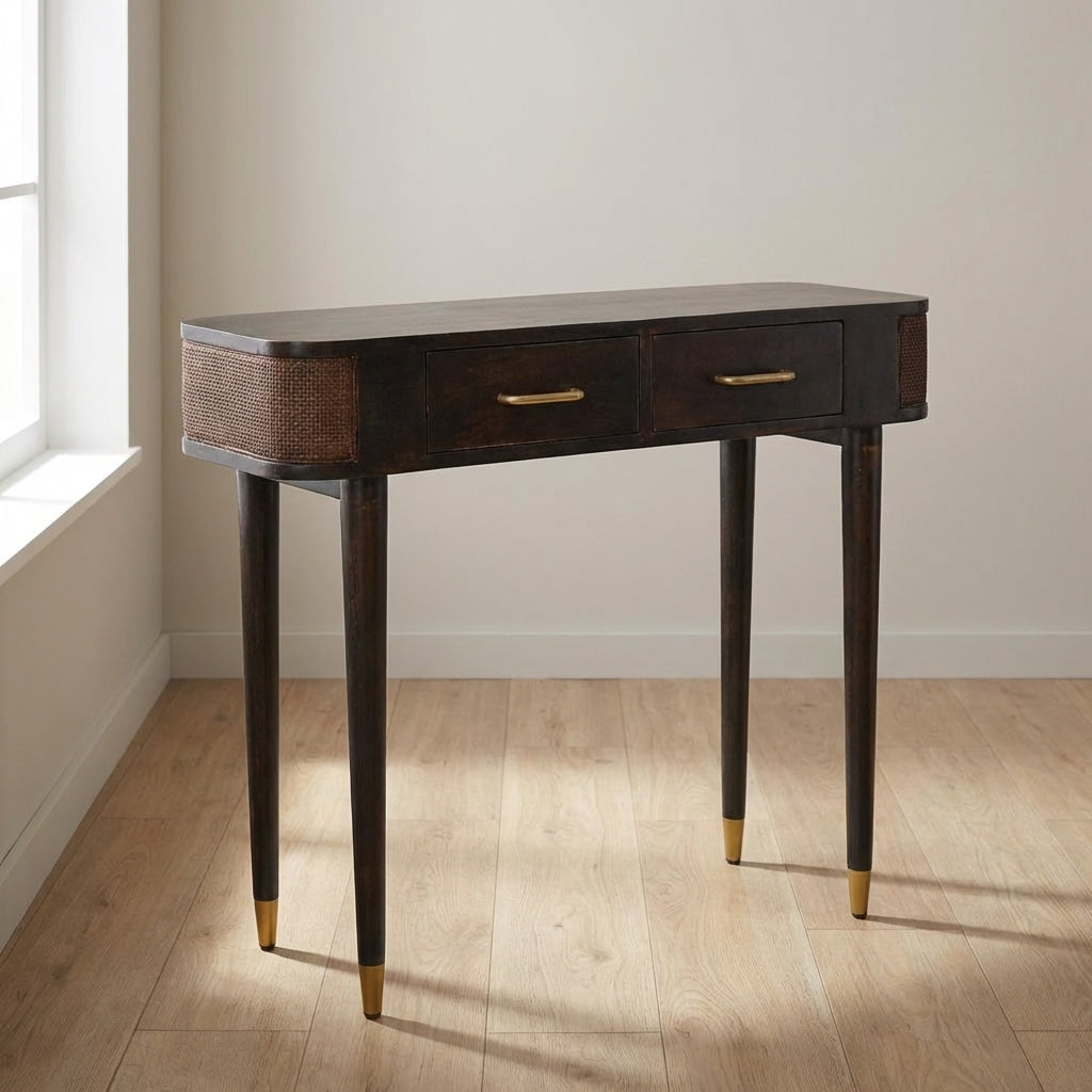 Mid-Century Modern Console Table - Solid Mango Wood Hallway Console for Entryway - main view showing handcrafted solid...