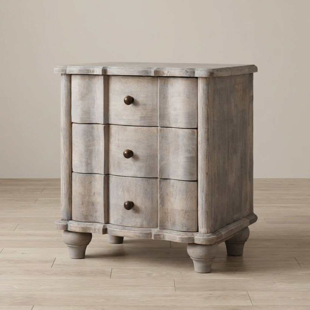 Handcrafted Beaumont Curved Nightstand - Solid Mango Wood Bedside Table for Bedroom - main view showing handcrafted solid...