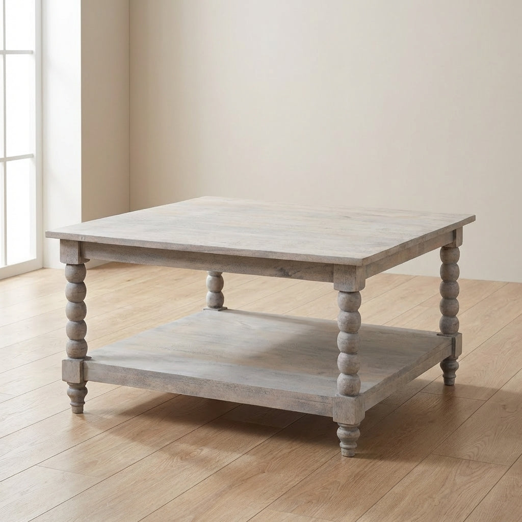 Barclay Acid Wash Coffee Table - Solid Mango Wood Center Table for Living Room - main view showing handcrafted solid...