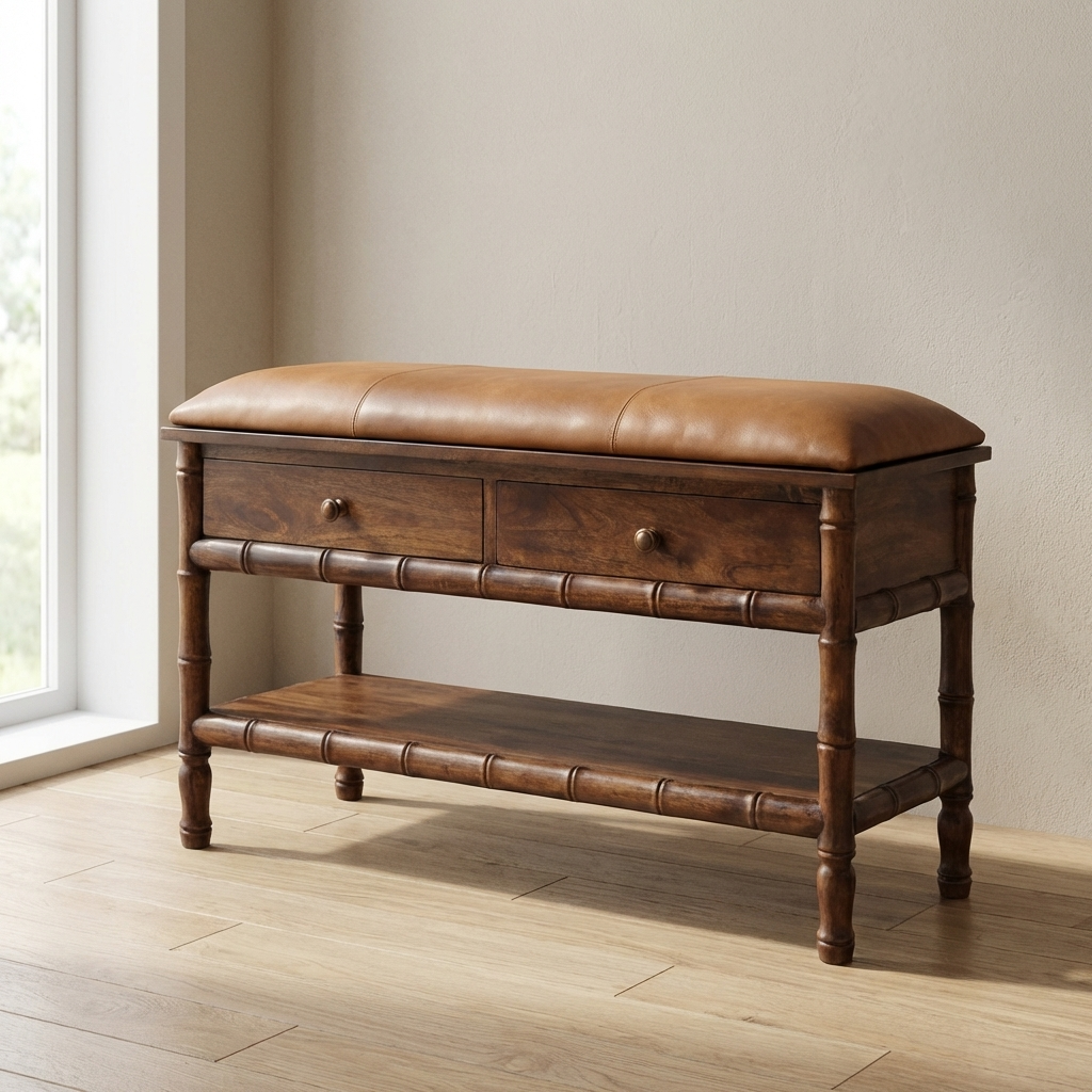 Carved Bamboo Storage Bench - Solid Mango Wood Entryway Bench with Storage - main view showing handcrafted solid mango...