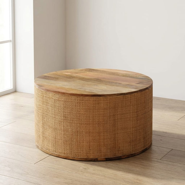 Larissa Round Coffee Table - Solid Mango Wood Center Table for Living Room - main view showing handcrafted solid mango...