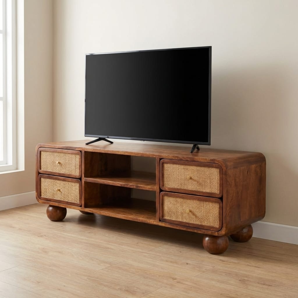 Functional Larissa 4 Drawer Chestnut TV Stand - Solid Mango Wood Entertainment Center for Living Room - main view showing...