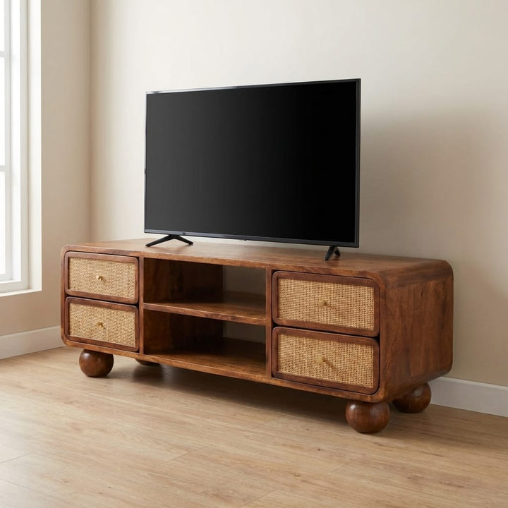 Functional Larissa 4 Drawer Chestnut TV Stand - Solid Mango Wood Entertainment Center for Living Room - main view showing...