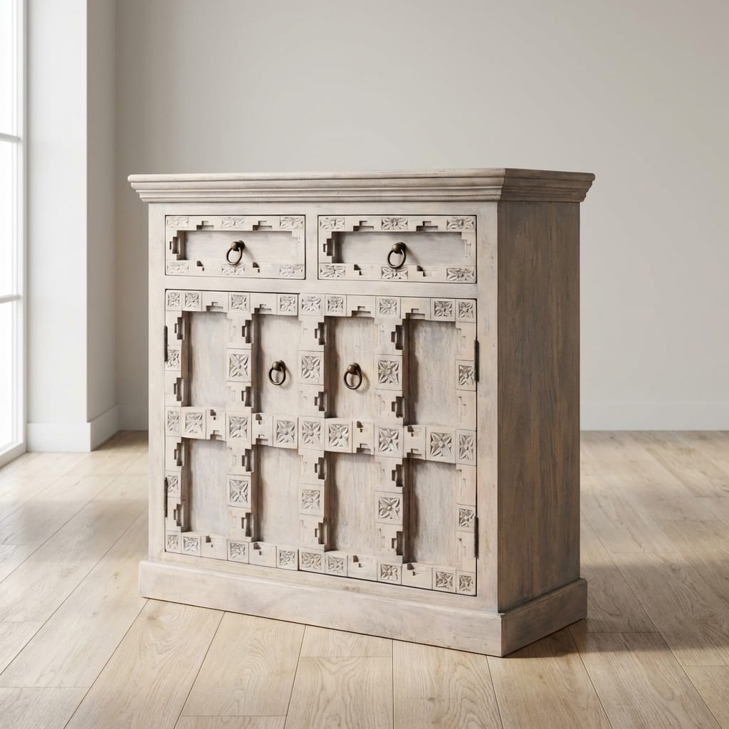 Jaipur Lattice Sideboard - Solid Mango Wood Buffet Cabinet for Dining Room - main view showing handcrafted solid mango...