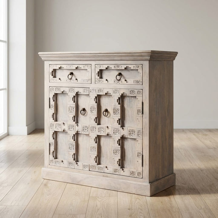 Jaipur Lattice Sideboard - Solid Mango Wood Buffet Cabinet for Dining Room - main view showing handcrafted solid mango...
