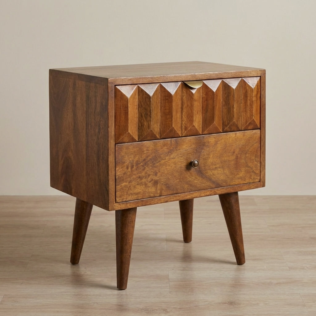 Chestnut Prism Nightstand - Solid Mango Wood Bedside Table for Bedroom - main view showing handcrafted solid mango wood...