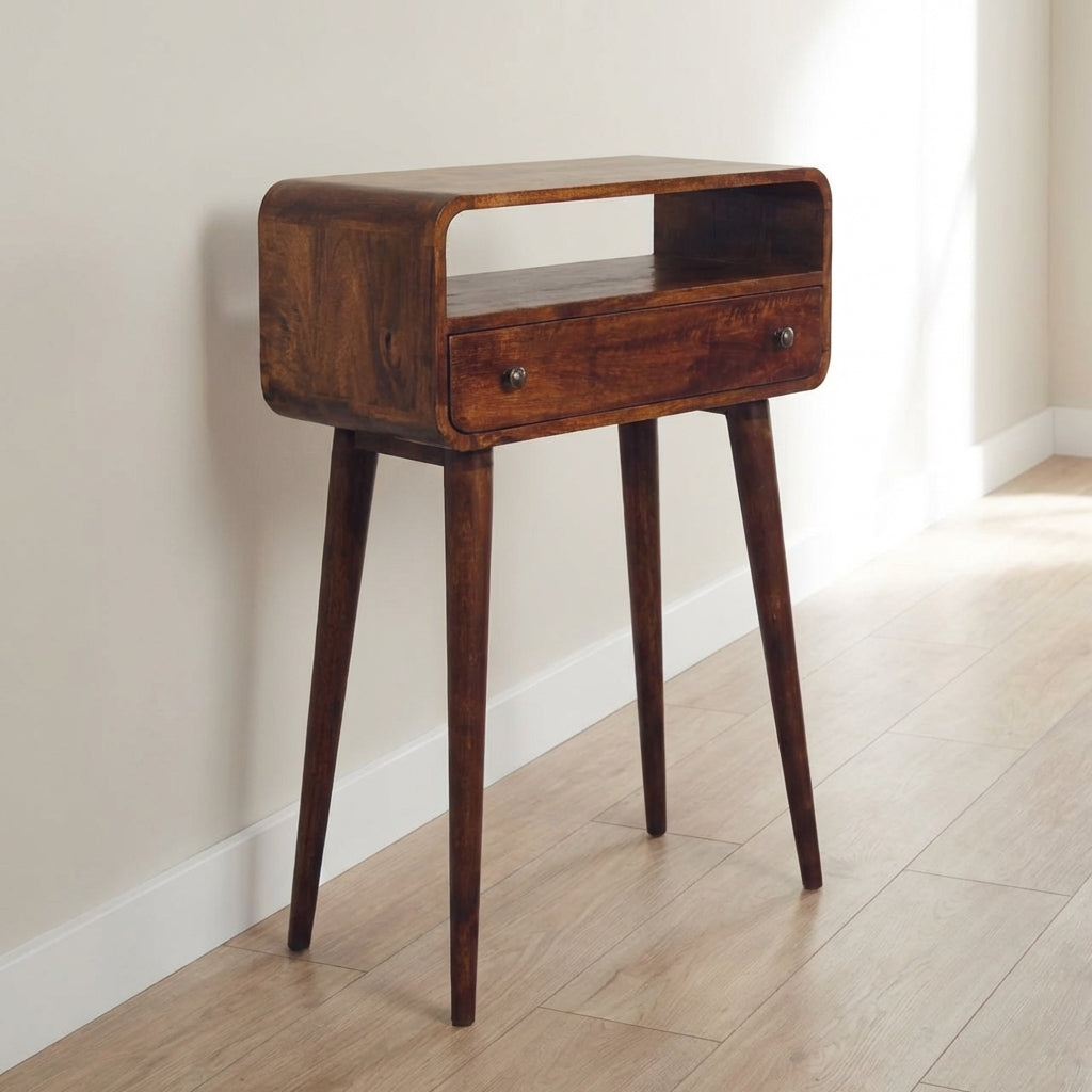 Chestnut Nordic Style One Drawer & Open Slot Console Table - Solid Mango Wood Hallway Console for Entryway - main view...
