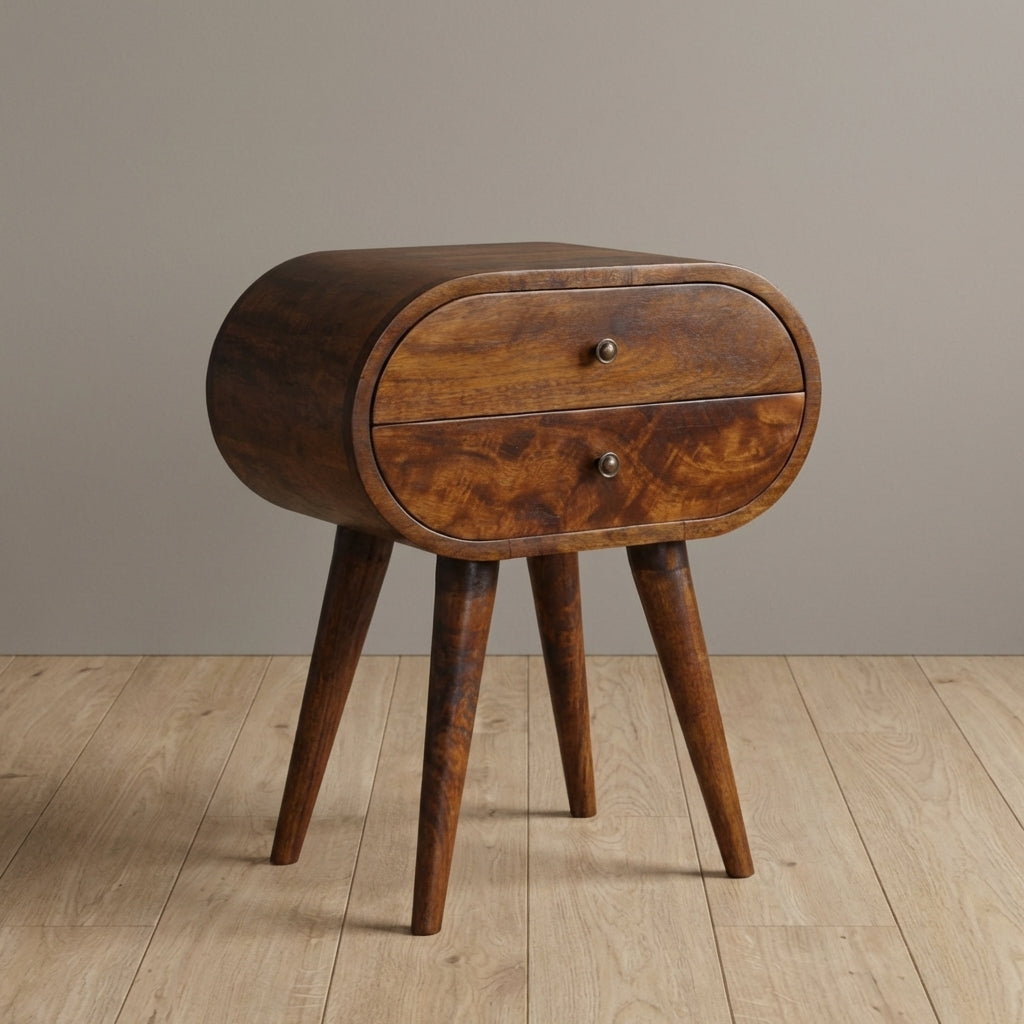 Chestnut Circular Nightstand - Solid Mango Wood Bedside Table for Bedroom - main view showing handcrafted solid mango...