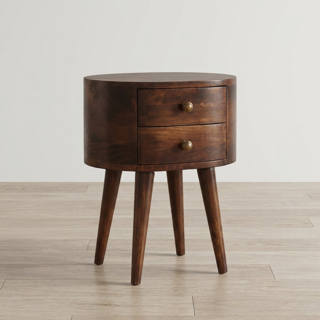 California Walnut Rounded Nightstand - Solid Mango Wood Bedside Table for Bedroom - main view showing handcrafted solid...