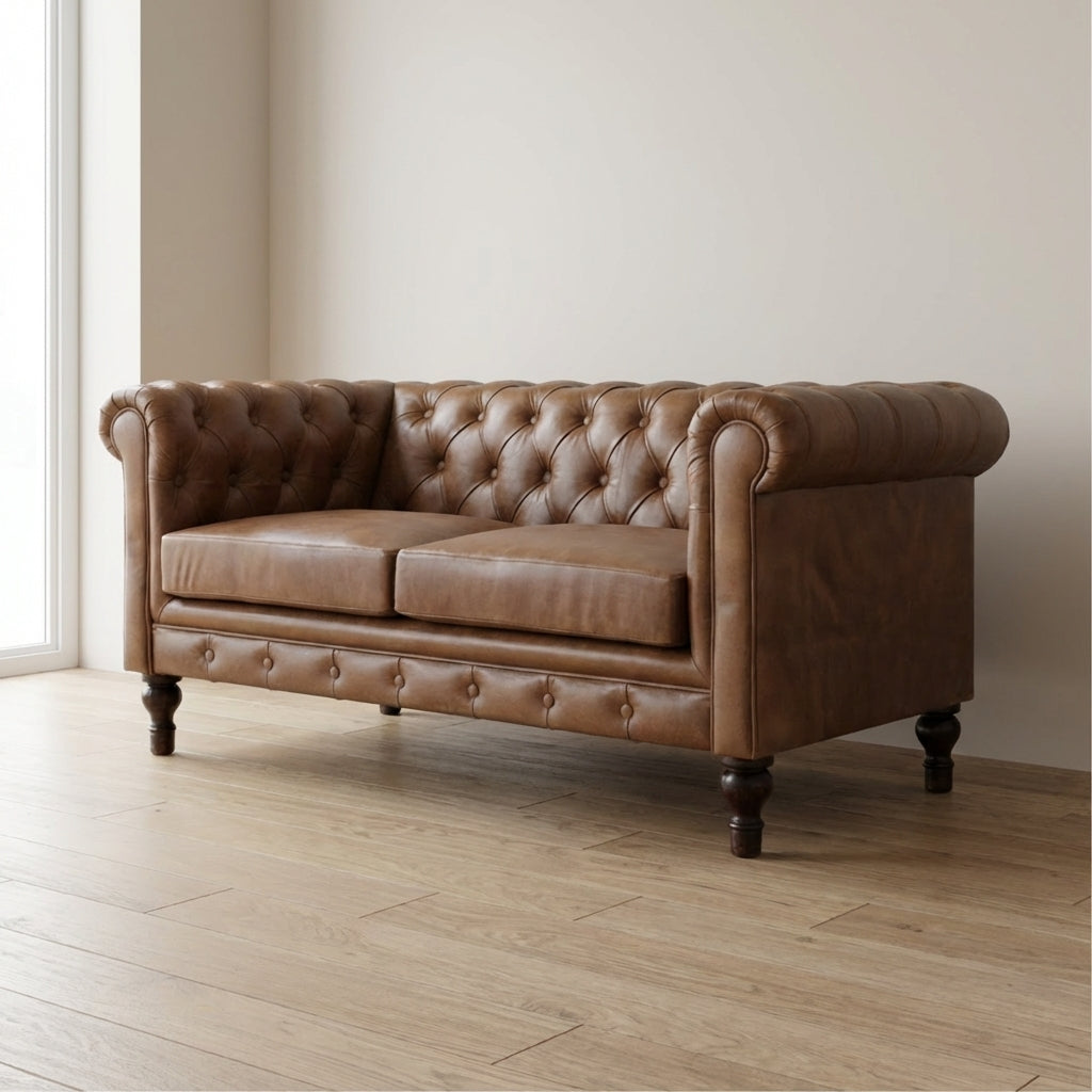 Buffalo Leather Chesterfield Sofa - Upholstered 2 Seater for Bedroom & Living Room - main view showing handcrafted solid...