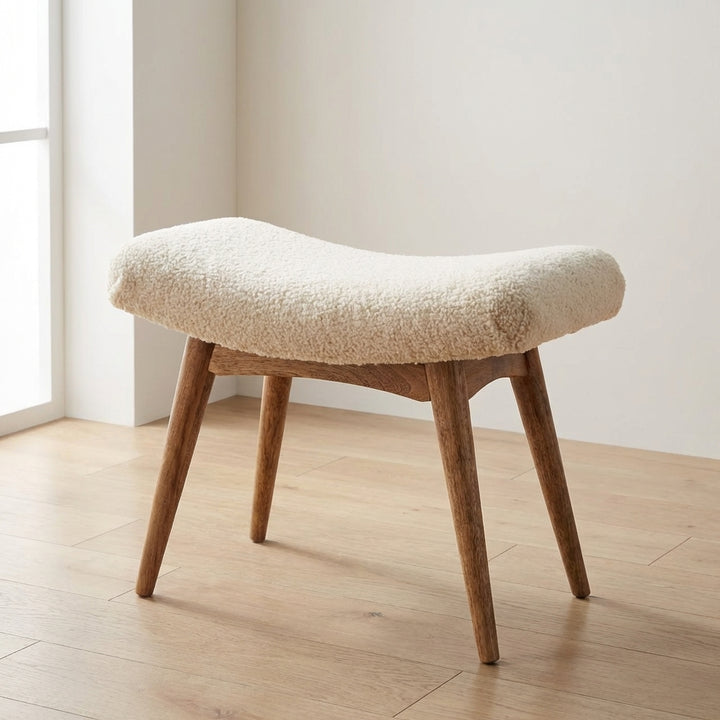 Boucle Cream Curved Bench - Solid Mango Wood Seating Furniture for Entryway - main view showing handcrafted solid mango...