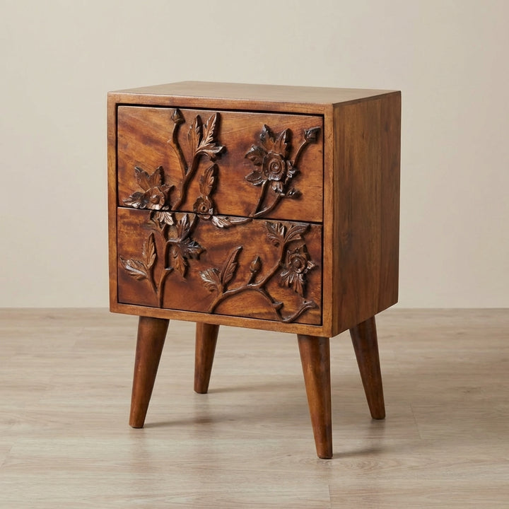 Chestnut Botanic Nightstand - Solid Mango Wood Bedside Table for Bedroom - main view showing handcrafted solid mango wood...