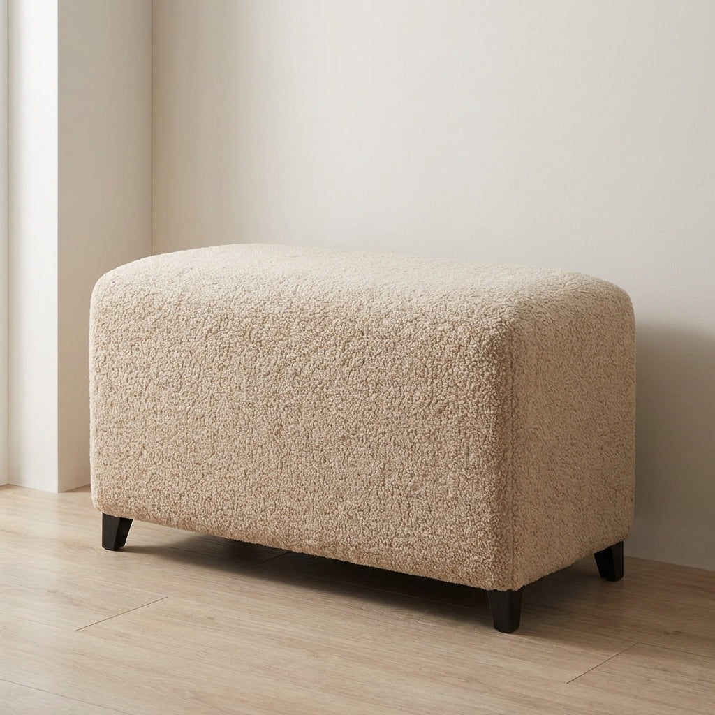 Bliss Cream Bouclé Ottoman - Solid Mango Wood Accent Stool for Living Room - main view showing handcrafted solid mango...